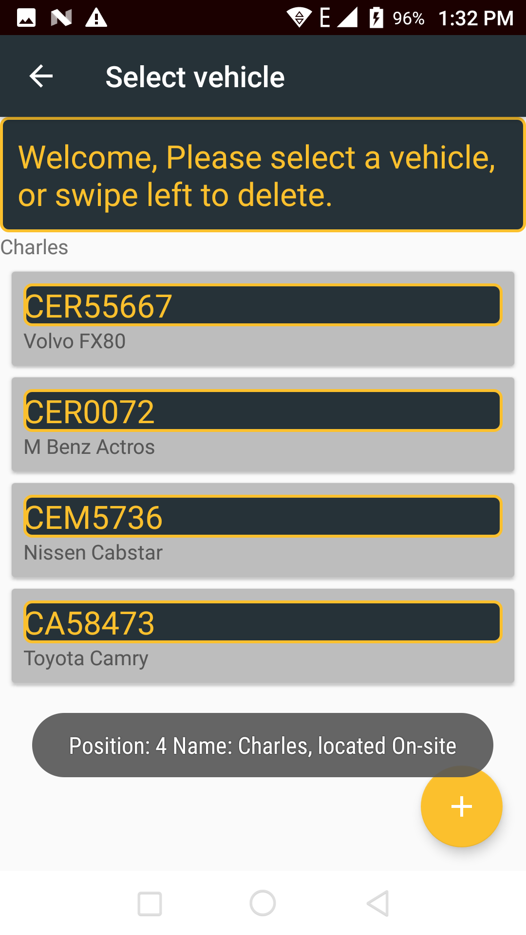 Liquitrack Fuel Record App, showing registered Vehicles